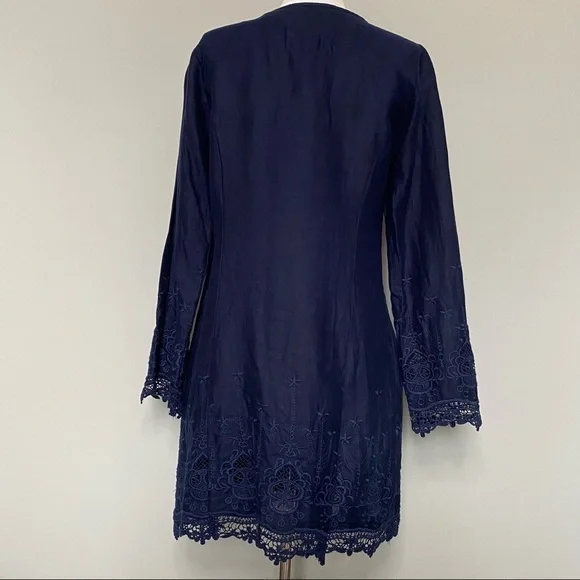 Malvin 100% Linen and Lace Trim Navy Embroidered Dress, Size Small 6 - Picture 6 of 11